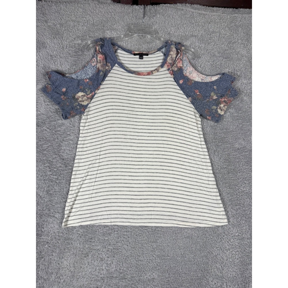 Signature Studio Cold Shoulder Top Women L Grey White Striped Floral Mixed Print
